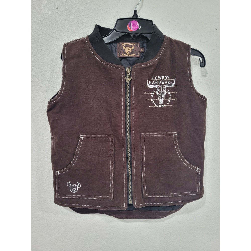 Cowboy Hardware Boys Brown Canvas Quilted Vest Longhorn Skull Western M #5